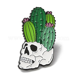 Black Alloy Brooch, Enamel Pins, Skull with Cactus, Dark Green, 30x17x1mm