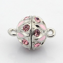 Platinum Tone Round Alloy Enamel Magnetic Clasps with Loops, with Grade A Rhinestone, Pink, 18.5x13mm, Hole: 2mm