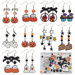 SUNNYCLUE Halloween Day Earring Making Kit, Including Glass Pumpkin & Round Beads, Star & Hat & Castle & Ghost Alloy Enamel Pendants, Brass Earring Hooks, Alloy Bowknot Links Connectors, Mixed Color, 140Pcs/box