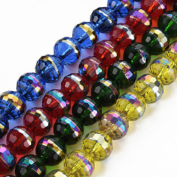 Placcare trasparente perle di vetro fili, colore arcobaleno placcato, sfaccettato, tondo, colore misto, 10x9.5mm, Foro: 1.4 mm, circa 39~40pcs/filo, 14.17 pollice ~ 14.57 pollici (36~37 cm)