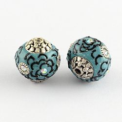 2PCS DIY Findings Round Handmade Grade A Rhinestone Indonesia Beads, with Alloy Antique Silver Metal Color Cores, Cadet Blue, 14x14x13mm, Hole: 1.5mm