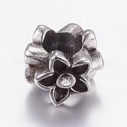304 perline europei in acciaio inox, perline con foro grande, con strass, fiore, argento antico, 11x9mm, Foro: 5 mm