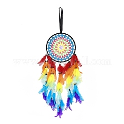 Iron Woven Web/Net with Feather Pendant Decorations, with Plastic Beads, Flat Round, Colorful, 655mm