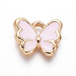 Encantos de aleación chapada en oro claro, con esmalte, mariposa, rosa perla, 10.5x12.5x2.5mm, agujero: 2 mm