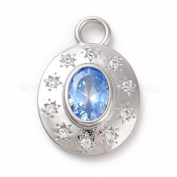 Eco-friendly Brass Micro Pave Cubic Zirconia Pendants, Cadmium Free & Lead Free, Long-Lasting Plated, Platinum, Oval with Star, Cornflower Blue, 18x12.5x3.3mm, Hole: 2.6mm