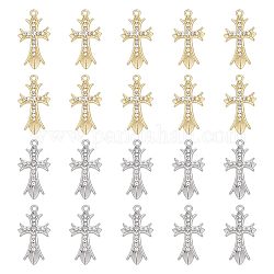 Arricraft 20 pièces 2 couleurs alliage cristal strass pendentifs, breloques de croix, platine et d'or, 32.5x16.5x3mm, Trou: 1.8mm, 10 pcs / couleur