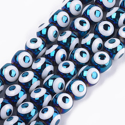 Abalorios de vidrio electroplate hebras, redondo con patrón de mal de ojo, acero azul, 10x9.5~10mm, agujero: 1.2 mm, aproximamente 30 pcs / cadena, 11.2 pulgada