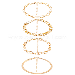 ANATTASOUL 4Pcs 4 Style Alloy Curb & Cable & Paperclip & Herringbone Chain Bracelets Set for Men Women, Golden, 7-1/8~7-1/2 inch(18~19.1cm), 1Pc/style
