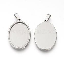 201 Stainless Steel Pendant Cabochon Settings, Oval, Stainless Steel Color, Tray: 29.5x20mm, 35x22.5x2.5mm, Hole: 8x4mm
