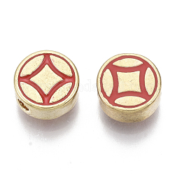 Brass Enamel Beads, Golden, Nickel Free, Coin, Red, 8x4mm, Hole: 1.8mm