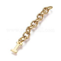304 extensor de cadena de acero inoxidable, con cadena de cable y dijes de letras, dorado, letter.i, letra i: 11x5.5x0.7 mm, 67.5mm, link: 8x6x1.3 mm