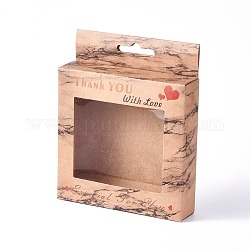 Коробки из крафт-бумаги, прозрачные окна упаковочные коробки, прямоугольник со словом спасибо, деревесиные, коробка: 10x10 см, развернуть: 19.4x12.5x0.08 см