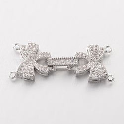 Bowknot Brass Micro Pave Cubic Zirconia Fold Over Clasps, Lead Free & Nickel Free, Platinum, 34x14x4mm, Hole: 1mm