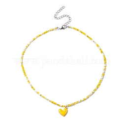 Alloy Enamel Heart Charm Necklace, Glass Seed Beaded Necklace for Women, Yellow, 17.13 inch(43.5cm)