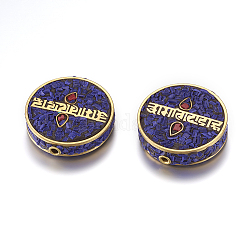 Handmade Indonesia Beads, with Brass Findings, Nickel Free, Flat Round, Raw(Unplated), Royal Blue, 28x7~8.5mm, Hole: 2mm