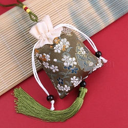 Beuteltasche aus Brokat, Tasche mit Blumenstickerei, Rechteck mit Quaste, Olive, 42 cm, Tasche: 12.5x8.8x0.2cm, Perle: 0.8~0.9 cm, Quaste: 12.5x1cm
