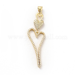 Rack Plating Brass Micro Pave Cubic Zirconia Pendants, Long-Lasting Plated, Lead Free & Cadmium Free, Heart, Real 18K Gold Plated, 44x13.5x2.5mm, Hole: 3.5x4mm