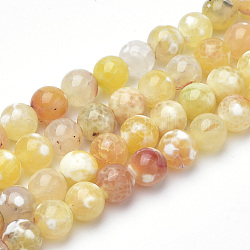 Brins de perles d'agate craquelée de feu naturel teint, ronde, jaune, 8~8.5mm, Trou: 1mm, Environ 47 pcs/chapelet, 15.5 pouce