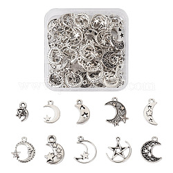 Spritewelry 100Pcs 10 Style Tibetan Style Alloy Pendants, Moon with Star, Antique Silver, 17~22x7~18x1~3.5mm, Hole: 1.4~3mm, 10pcs/style 