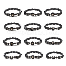 Glass & Natural Lava Rock & Synthetic Hematite Stretch Bracelet Sets, Handmade Lampwork Twelve Constellations Beaded Bracelets, Black, Inner Diameter: 2 inch(5.2cm), 12pcs/set