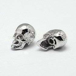 Skull Brass Micro Pave Cubic Zirconia Beads, Cadmium Free & Nickel Free & Lead Free, Real Platinum Plated, 13x9x11mm, Hole: 1mm and 3mm