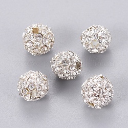 Alloy Beads, with Rhinestones, Grade A, Round, Silver Color Plated, Clear, Size: about 8mm in diameter, hole: 2mm