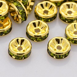 Brass Rhinestone Spacer Beads, Grade A, Straight Flange, Golden Metal Color, Rondelle, Olivine, 6x3mm, Hole: 1mm