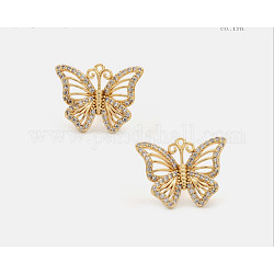 SHEGRACE Brass Stud Earrings, with Ear Nuts and Grade AAA Cubic Zirconia, Butterfly, Real 18K Gold Plated, 15.5x20mm