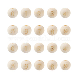 Craftdady 100pcs 10 styles perles européennes en bois naturel non fini, Perles avec un grand trou   , motif gravé au laser, rond avec numéro, mixte, 15~16x14~15mm, Trou: 4mm, 10 pièces / style