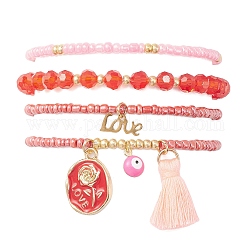 4 pièces 4 styles mauvais œil thème de la saint-valentin alliage émail et polycoton (polyester coton) gland bracelets à breloques ensemble, Bracelets extensibles de perles en verre, rouge, diamètre intérieur: 2-1/8 pouce (5.4 cm), 1pc / style