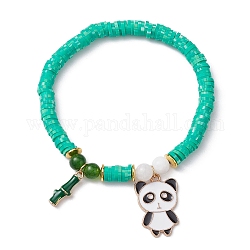 Disque en argile polymère et jade naturel de Malaisie et bracelet extensible en perles de jade de Taiwan, avec breloques panda et bambou en alliage émaillé, verte, large: 6 mm, diamètre intérieur: 2-1/8 pouce (5.25 cm)