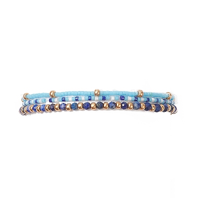 3Pcs 3 Style Natural Lapis Lazuli & Glass Seed Beaded Stretch Bracelets Set  for Women, Inner Diameter: 1-7/8~2 inch(4.8~5cm), 1Pc/style