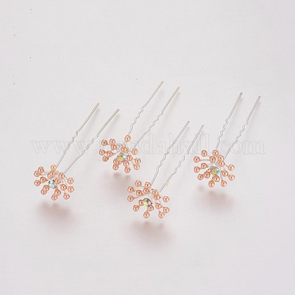 在庫処分セール 女性の髪のフォーク 銀メッキの鉄のパーツあり アクリル模造パールとラインストーン 花 クリスタルab ライトサーモン 73mmの通販 Jp Pandahall Com