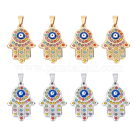 DICOSMETIC 8pcs 2 Colors 38mm 304 Stainless Steel Hamsa Hand Pendants with Evil Eye Hand of Fatima Charms Third Eye Pendants with Colorful Rhinestone for Jeweilry Making STAS-DC0002-68-1