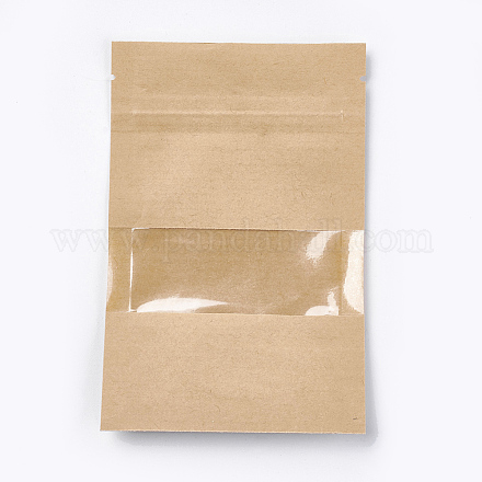 クラフト紙ジップロックバッグ  小さなクラフト紙ドイパック  再封可能なバッグ  窓付き  バリーウッド  14x9cm  片側の厚さ：5.5ミル（0.14mm） OPP-WH0003-01A-1