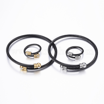 Trendy 304 Stainless Steel Torque Bangles & Rings Sets SJEW-H073-11-1
