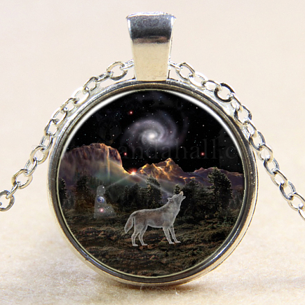 Волк шаблон плоский круглый стеклянный кулон ожерелье NJEW-N0051-013R-02-1