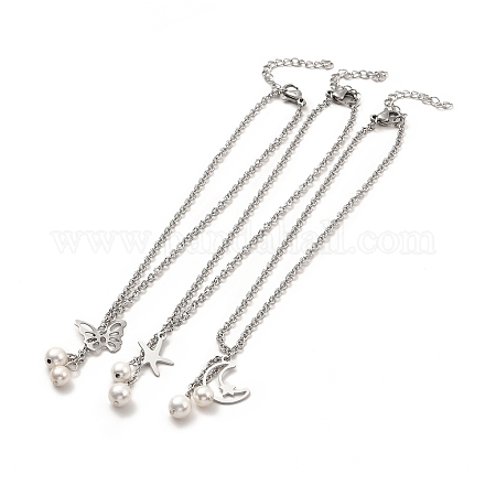 Ccb perla e 304 cavigliera in acciaio inossidabile con ciondolo da donna AJEW-C021-22P-1