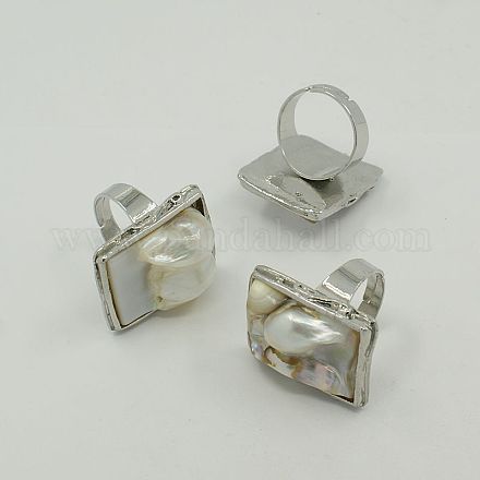 シェルリング  真鍮パーツ  長方形  白金金属色  フローラルホワイト  usサイズ4 1/4(15mm) RJEW-J001-01-1