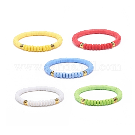 5 pièces 5 couleurs à la main en argile polymère et laiton disque surfeur bracelets extensibles ensemble BJEW-JB08797-1