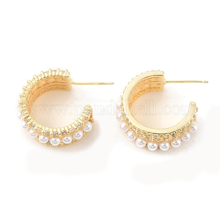 Orecchini a bottone semicircolari con perle di plastica e zirconi chiari EJEW-C060-06G-1