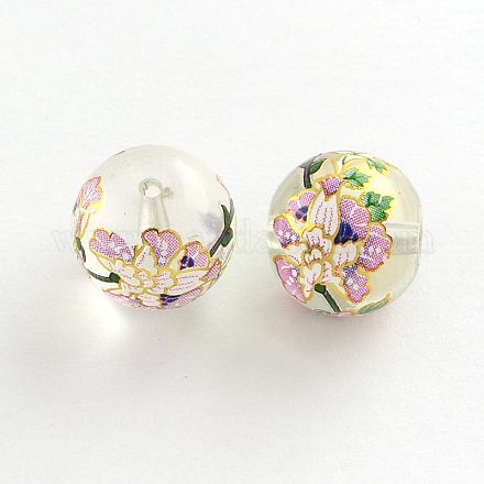 Flower Picture Transparent Glass Round Beads GFB-R004-14mm-U13-1