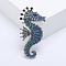 Alloy Brooches, Rhinestone Pin, Jewelry for Women, Sea Horse, Blue, 58x29mm