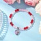 Baking Painted Imitation Jade Glass Round Beaded Charm Bracelets, with Faceted Glass Heart Charms & Brass Rhinestone Spacer Beads, Pink, Inner Diameter: 2-1/8 inch(5.5cm)
