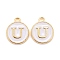 Golden Plated Alloy Charms, Cadmium Free & Lead Free, with Enamel, Enamelled Sequins, Flat Round with Letter, White, Letter.U, 14x12x2mm, Hole: 1.5mm