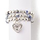 3Pcs 3 Style Natural Gemstone & Synthetic Hematite Beaded Finger Rings with Clear Cubic Zirconia Heart Charms for Women RJEW-JR00472-4