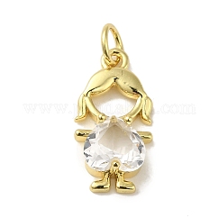 Pendenti in vetro ottone placcato cremagliera,  cadmio& piombo libero, placcato di lunga durata, vero placcato oro 18k, Umano con cuore, chiaro, 17.5x9.5x2mm, Foro: 3 mm