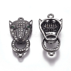 Connecteurs de liaisons en zircone cubique micro pavé en laiton, tête de léopard, clair, gunmetal, 29x14.6x6.5mm, Trou: 1.6mm