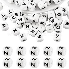 20 Uds. Cuentas de silicona con letras de cubo blanco, cuentas cuadradas de 12x12x12mm con dados del alfabeto con espaciador de agujeros de 2mm, cuentas sueltas con letras para pulsera, collar, fabricación de joyas, letter.n, 12mm, agujero: 2 mm