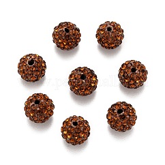 Perles de boule pavé disco , Perles de strass en argile polymère, Grade a, ronde, café, strass: pp13 (1.9~2mm), 6 rangs de strass, 10mm, Trou: 1.5mm